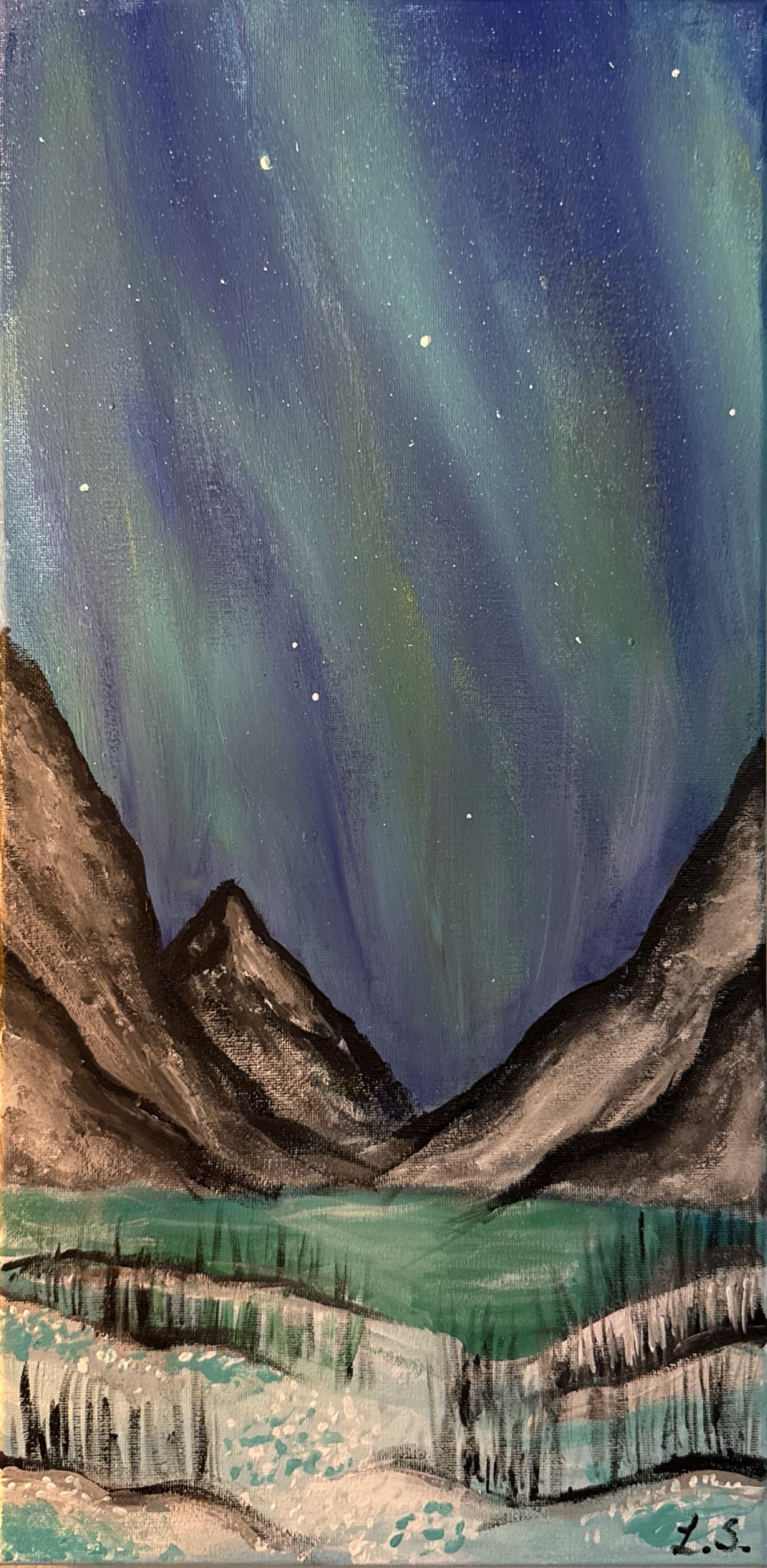 Painting of a mountain that has an aurora in the sky