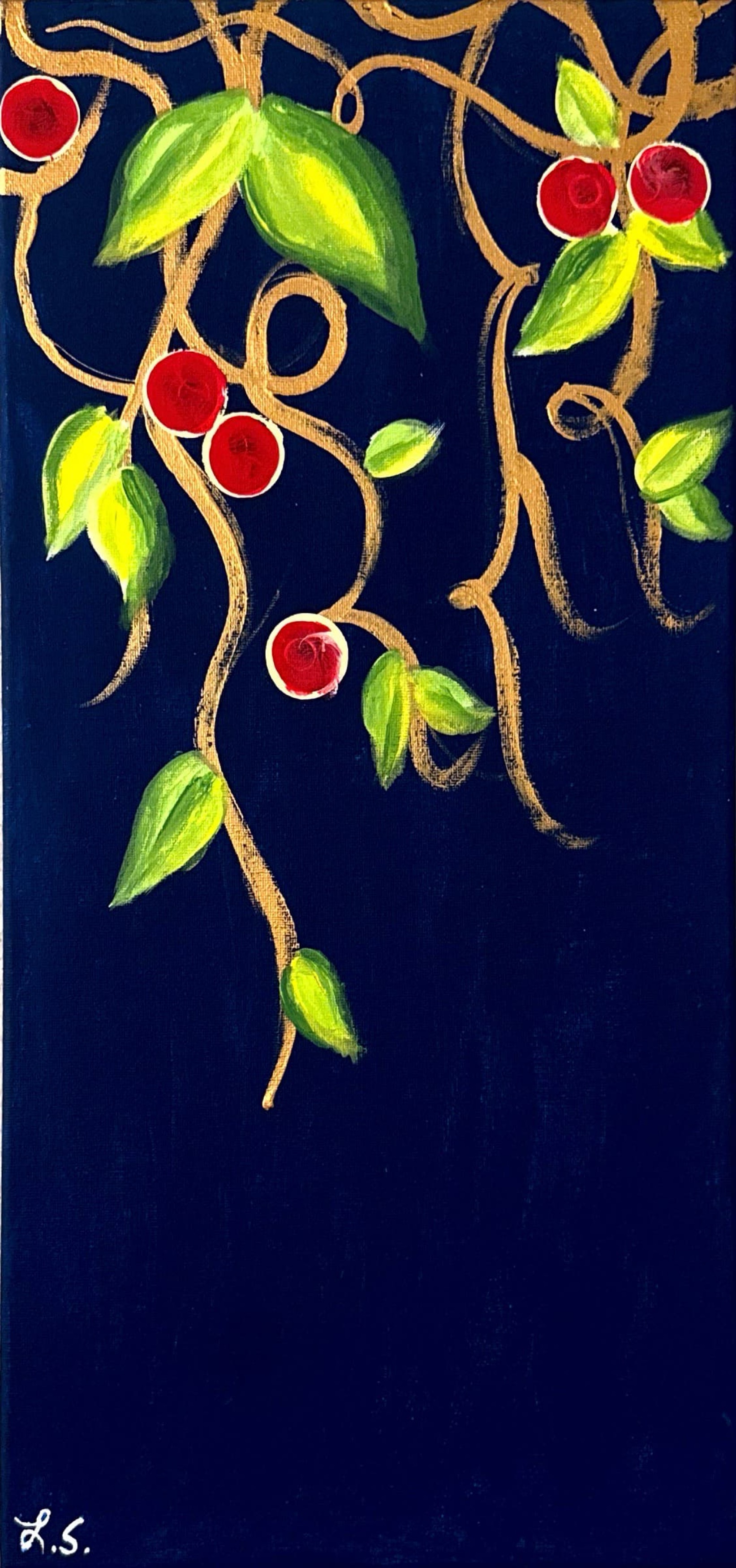 Painting of cherry vines on a dark blue background
