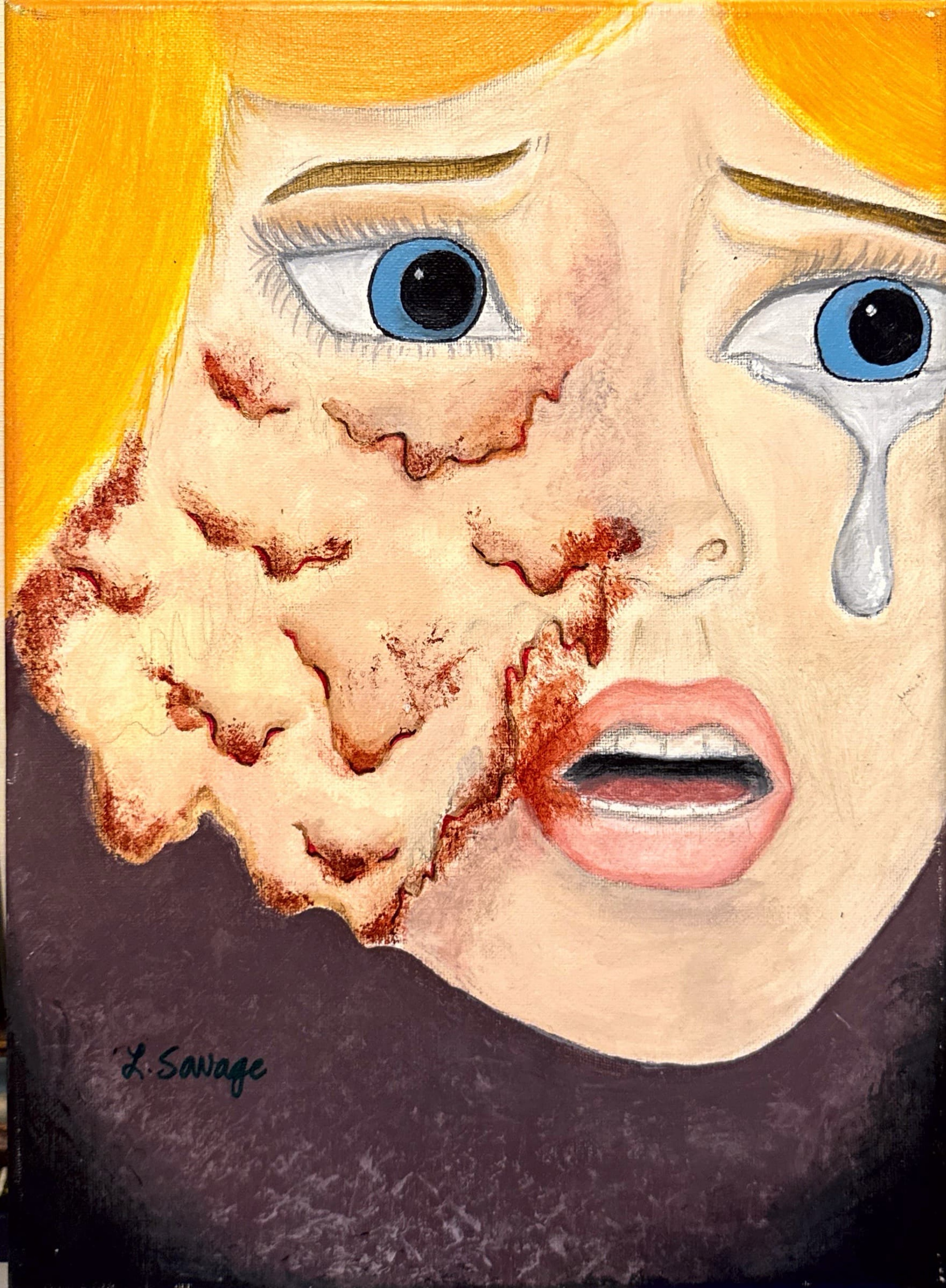 Painting of a woman with her face melting and crying